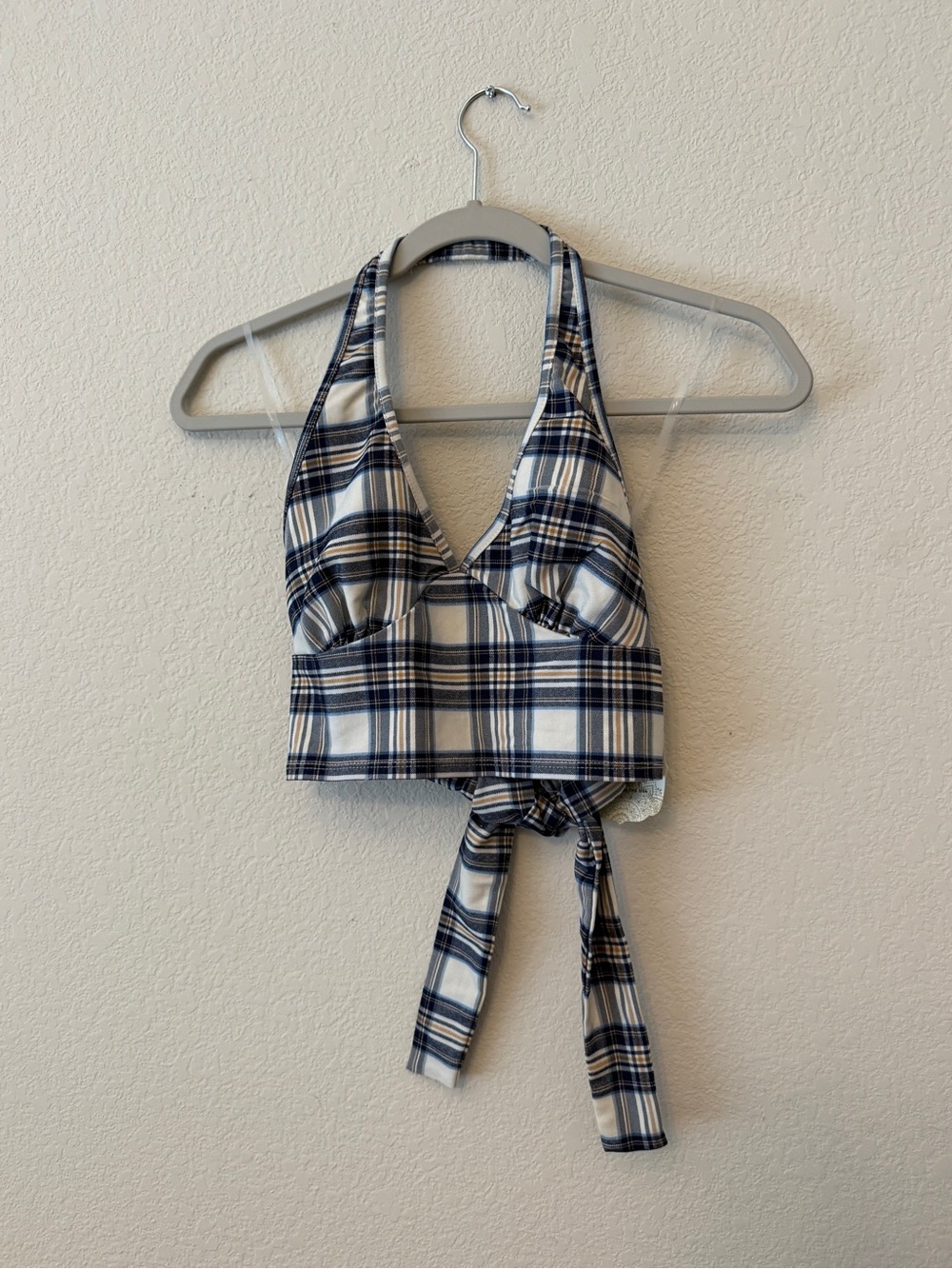 Altar'd State Blue & White Plaid Halter Tie-Back Crop Top